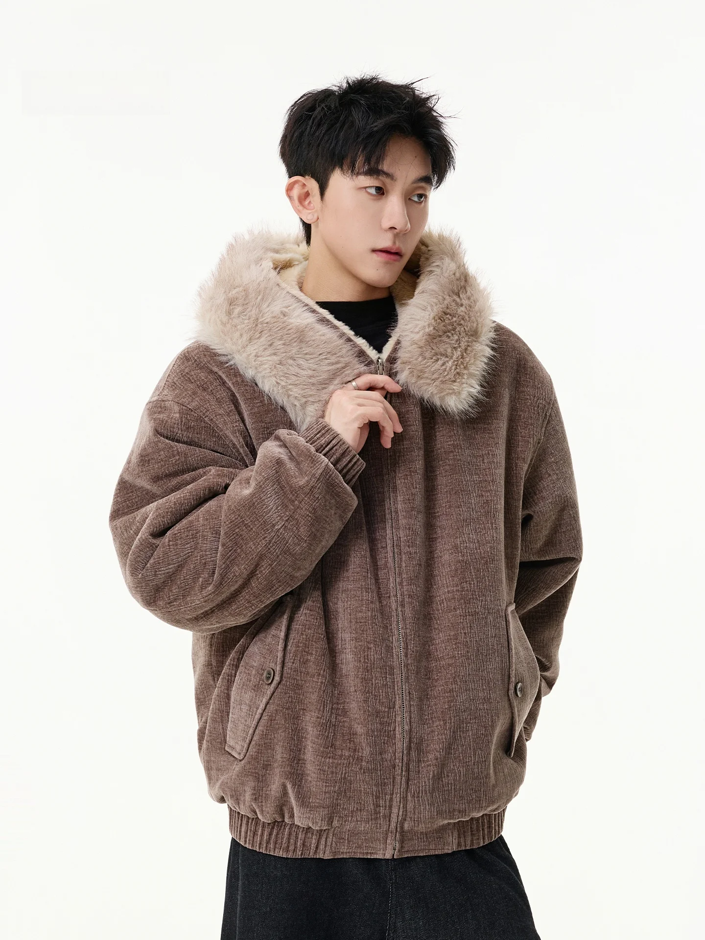 

Men's Double-Sided Wearable Thiened Cotton Jaet Coat Winter Fce Lined Loose Casual Corduroy Hooded Zipper Closure Jaet