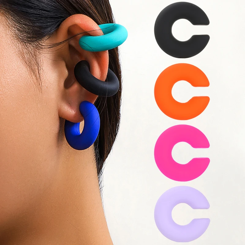 1 Pair Simple Round Circle Clip Earrings For Women C Shape Acrylic Red Blue Black Pink No Pierced Cartilage Lightweight Ear Cuff