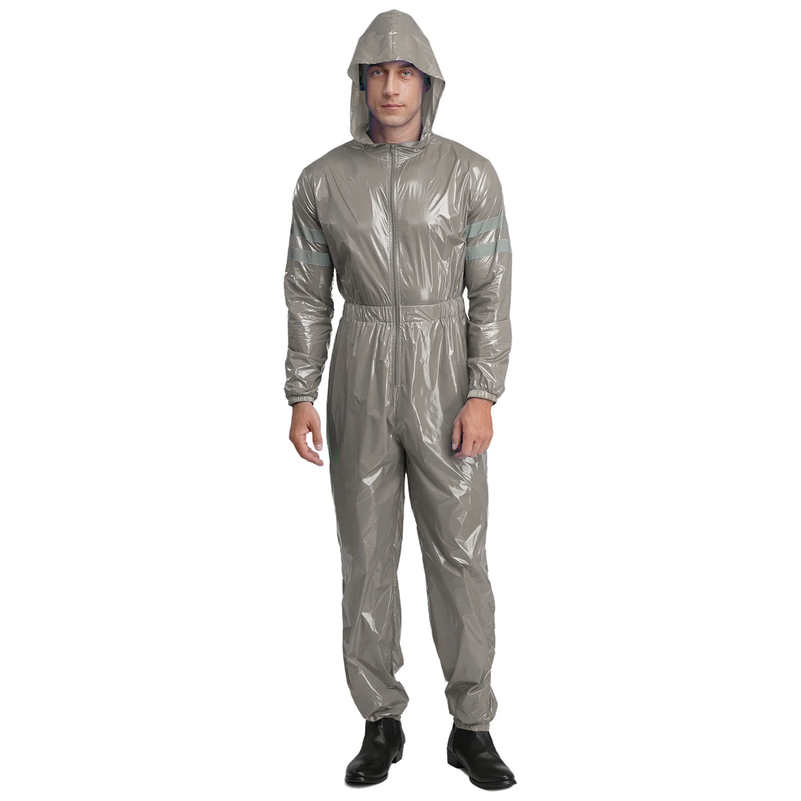 Men Water Resistant Zipper Coveralls High Visibility Reflective Strips Working Rompers Factory Car Repairing Hooded Jumpsuit