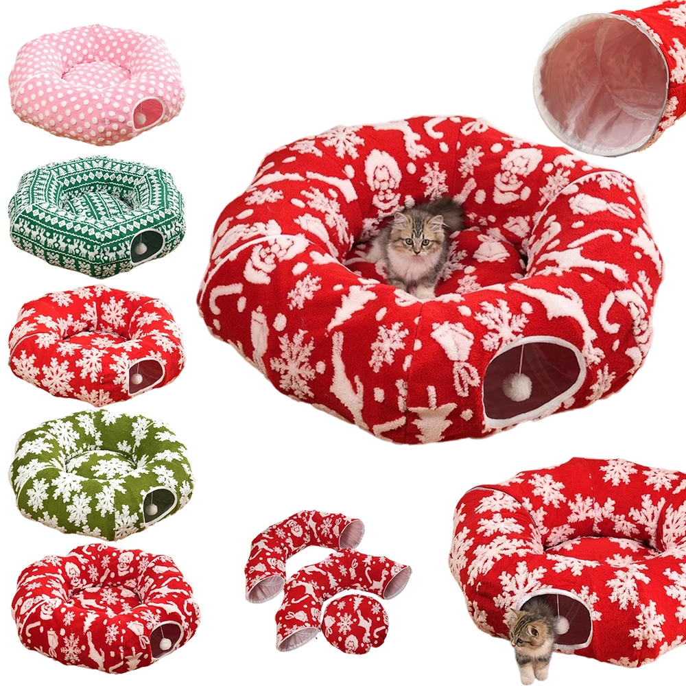 

Christmas Round Pet Tunnel Plush Donut Cat Bed for Cats Puppy Kitten House Winter Warm Sleeping Cave Nest Lits Pour Chat Navidad