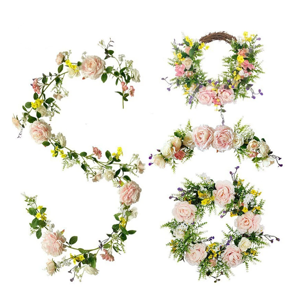 

1.85M Silk Rose Peony Garland Eucalyptus Leaves Vines Arch for Wedding Halls Decor Rattan Fake Plants Leave Doorways Table Decor