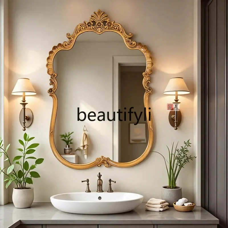 

French retro bathroom mirror toilet carved makeup mirror European hotel wall wall decorative mirror