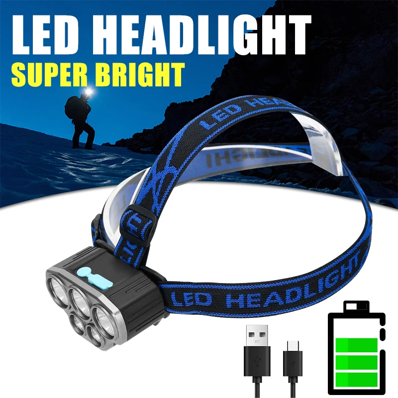 Rechargeable Ultra Bright Powerful 5 LED Headlight Waterproof Headlight Outdoor Camping Running Lighting 18650 Battery Spotlight