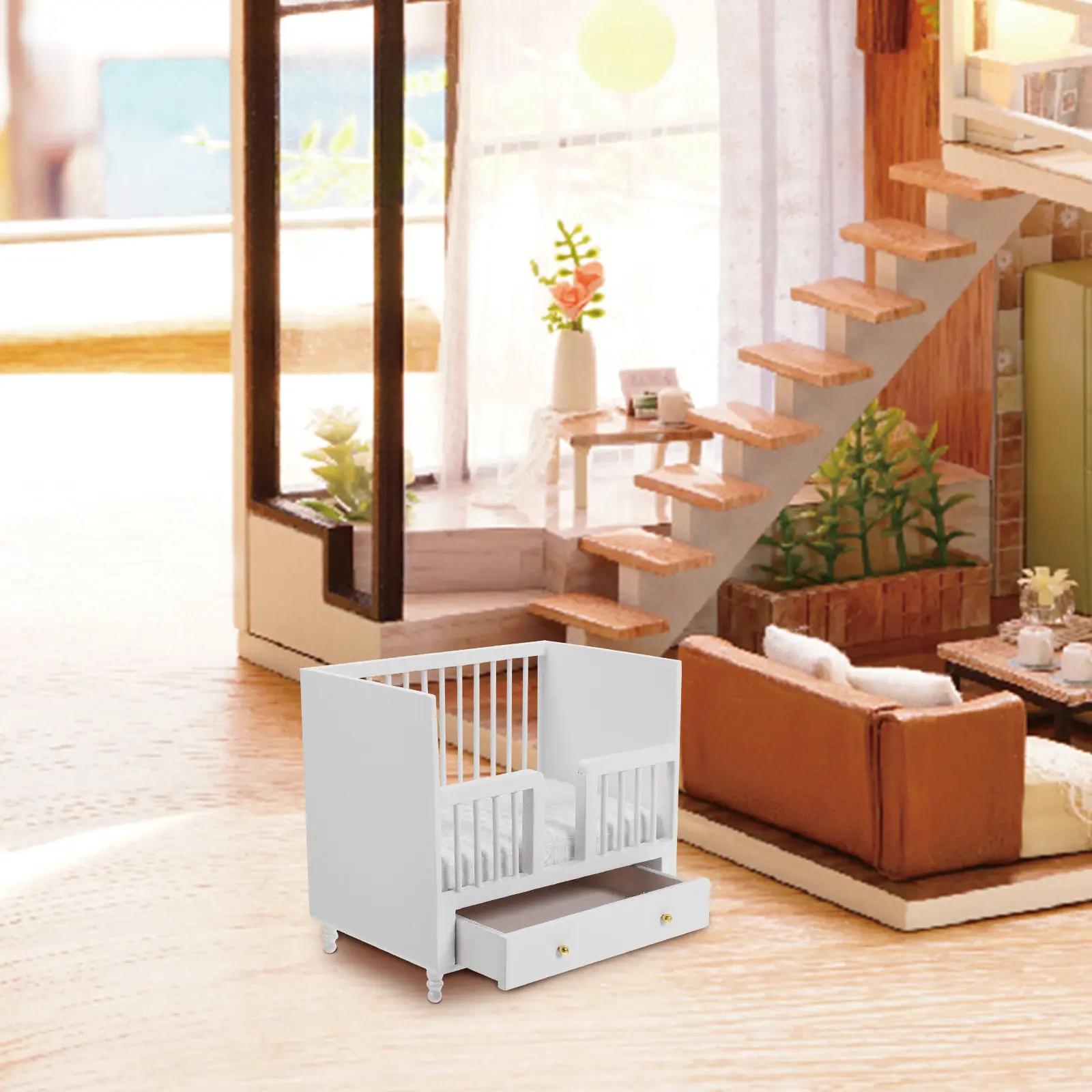 

Miniature Crib Mini House Furniture Decoration Natural Safe Material Small Baby Bed for Dollhouse Accessory Mini House Supply