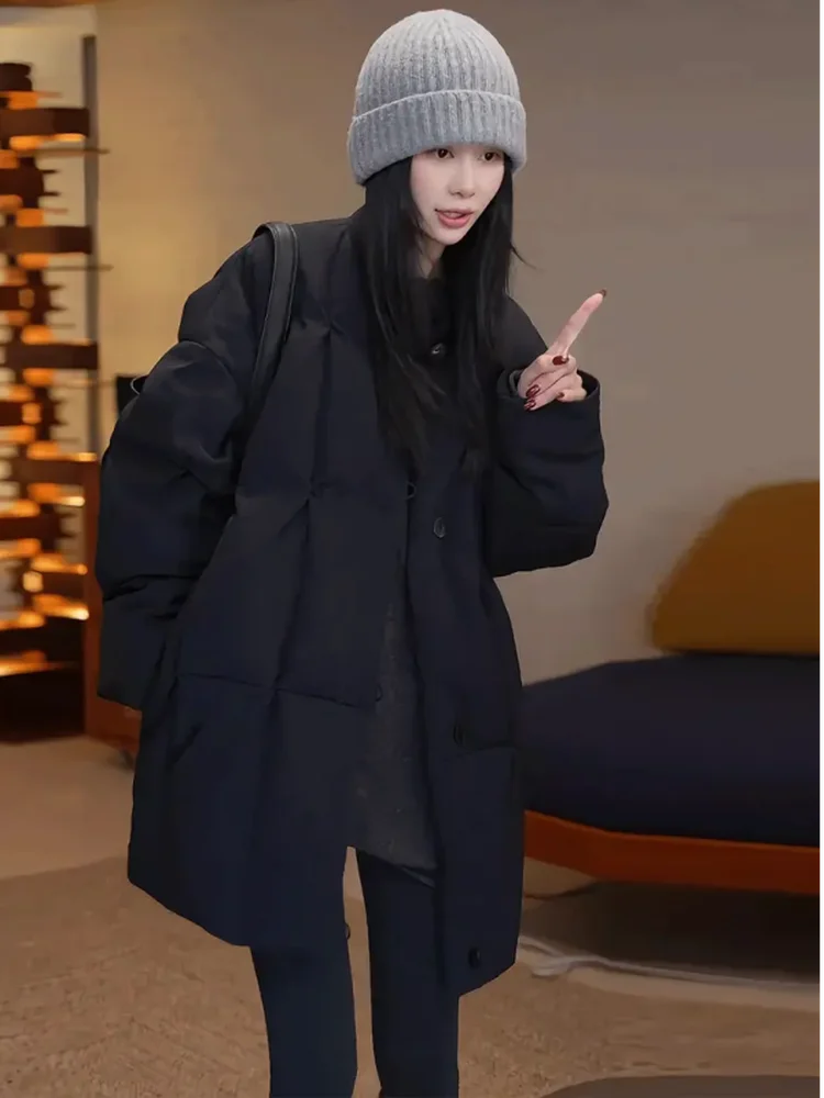 

Утягивающий черный хлопковый тюнер средней длины, женская модная корейская свободная универсальная теплая верхняя одежда, весна 2026