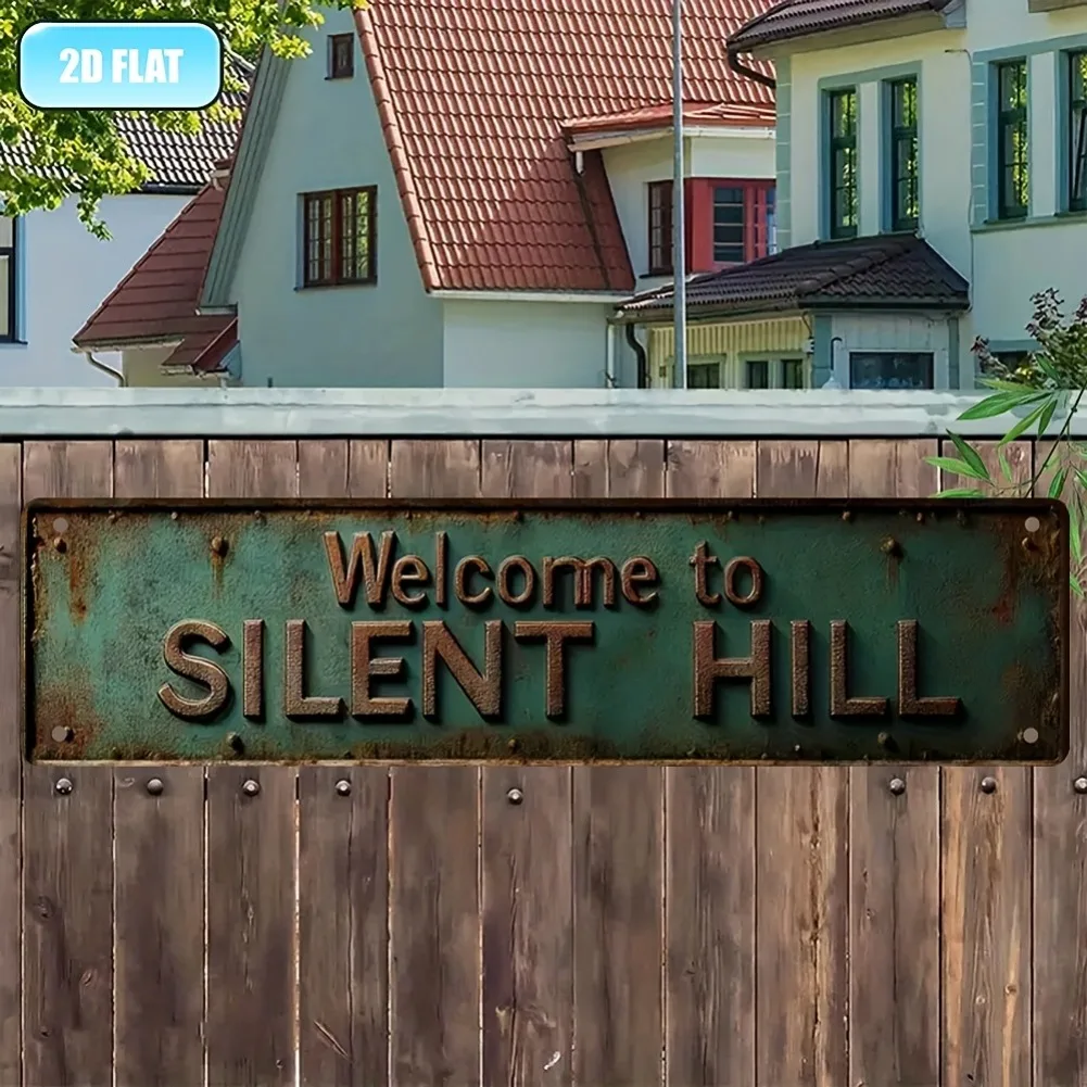 1 Stück 2D-Metallschild „Welcome to Silent Hill“ im Vintage-Stil – rustikales grünes Aluminium-Dekor, Wandkunst für drinnen und draußen für Bar, Garage