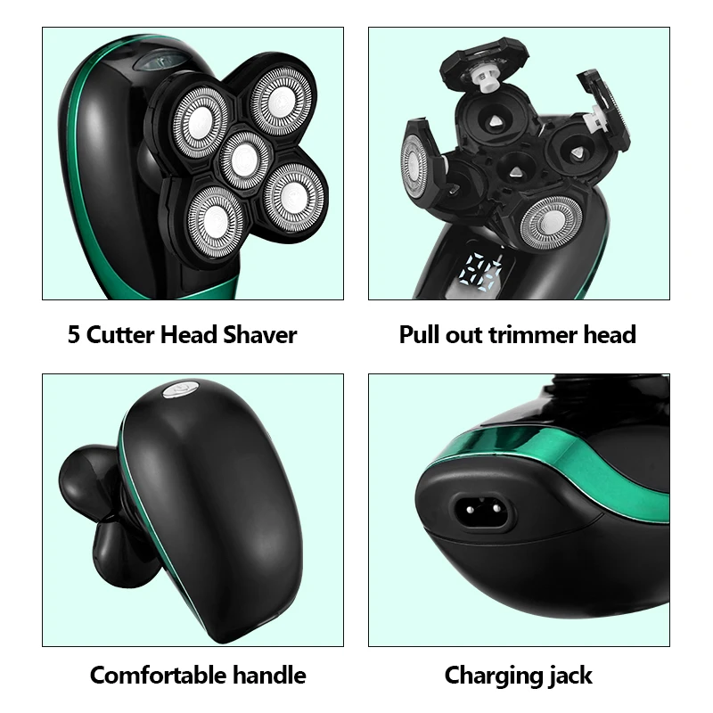 5 in 1 4D Men's Multifunction Bald Head Electric Shaver 5 Floating Heads Beard Nose Ear Hair Trimmers Razor Clipper Facial Brush