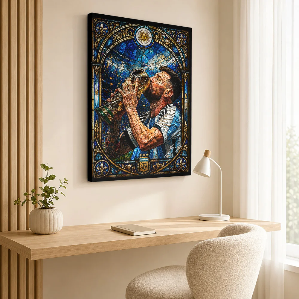 Lionel Messi kissing the  trophy Canvas Print Poster Custom Photo Sports Portrait Canvas Wall Art for Game Room Man Cave Decor