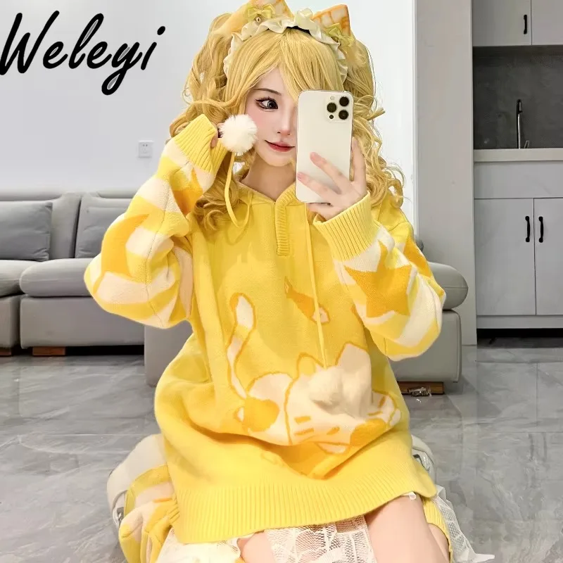 

Japanese Style Cute Girl Yellow Bunny Pullover Hooded Sweater Women Loose Kitten Pullovers Knitwear Sueter Mujer Pulls Femme