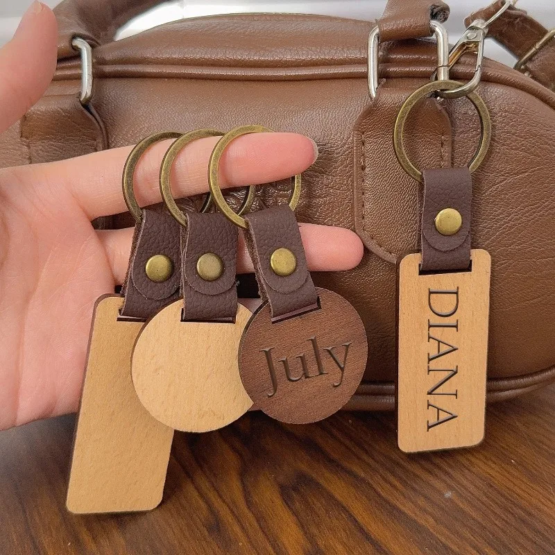 5-100Pcs Wooden Keychain Blanks with PU Leather Strap Laser Engravable Key Rings DIY Name Tag Car Pendant Custom Souvenir Gift