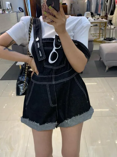Chic Vintage Summer Square Ne Line Design Adjustable Strap Denim Overalls orts Women's Faion Commute Sle Medium Softn
