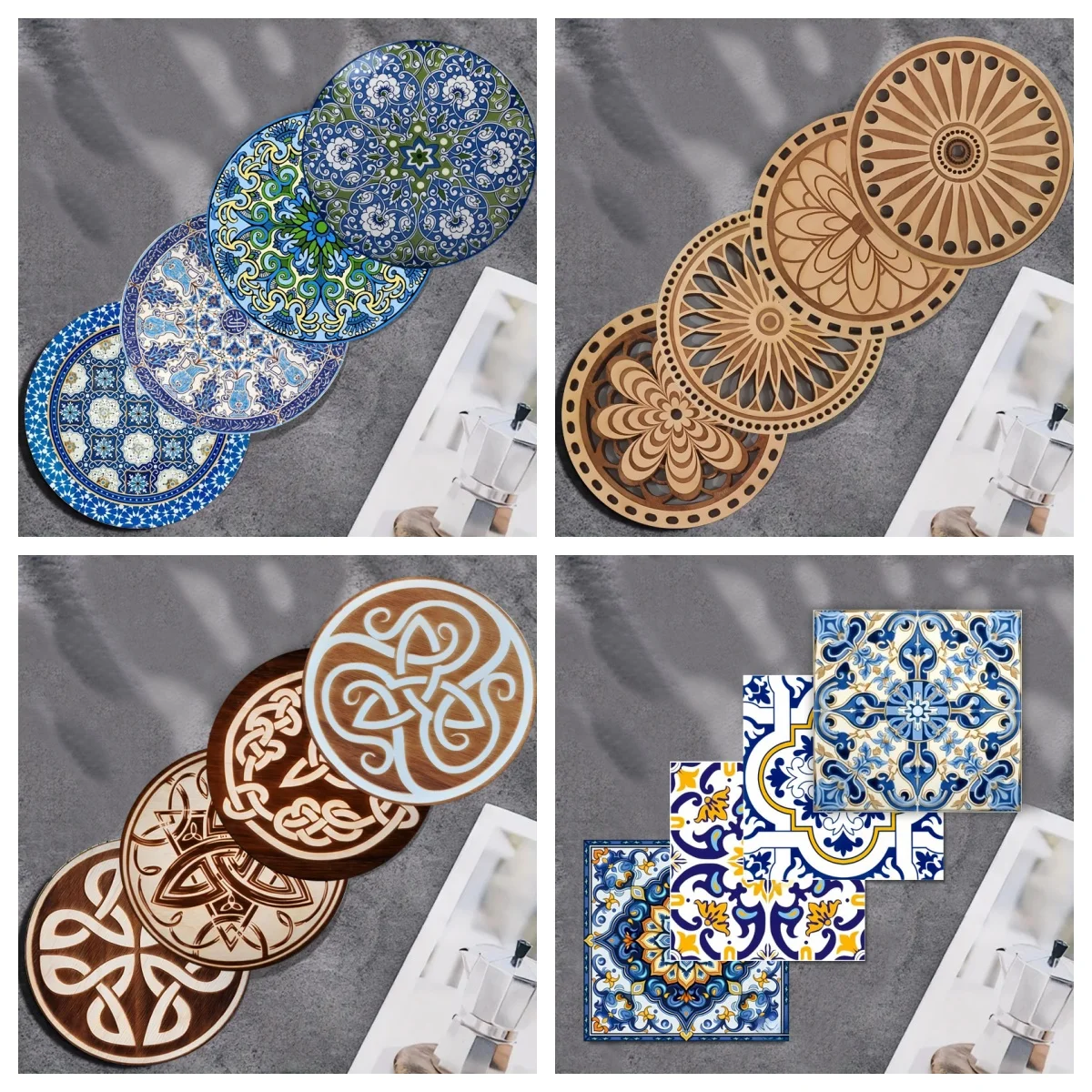 A Set of 4-Piece Mandala Floral Pattern Art Coasters, Anti-Slip Wooden Coasters, Suitable for Living Room Use