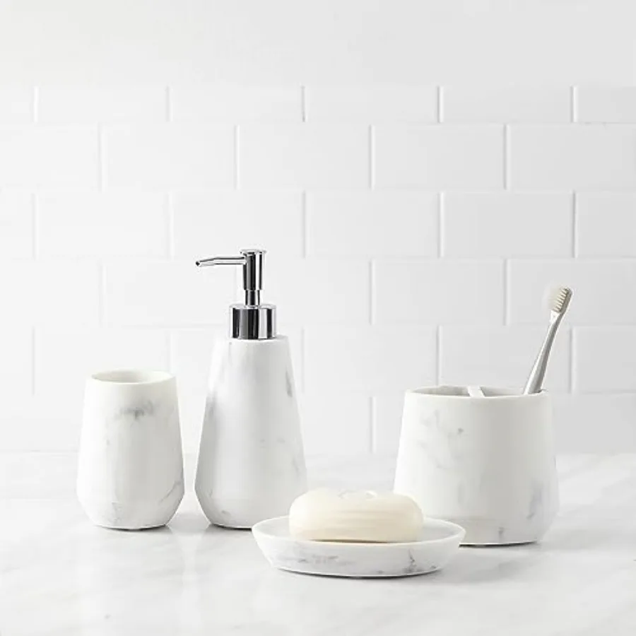 

4 Piece Modern Bathroom Accessory Set with Marbled Style and Geometric Design in White and Gray Includes Lotion Dispenser Tooth