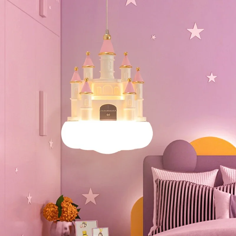 Creative Castle Pendant Lamp Chandelier for Children Room Bedroom Light Girl Bedside Ceiling Hanging Fixtures LED Lighting Decor