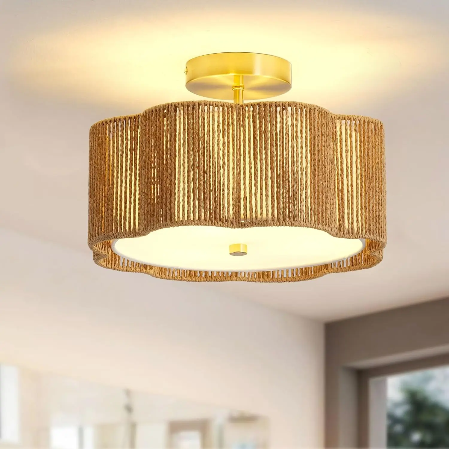 Rotan Plafondverlichtingsarmaturen Flush Mount,3-Light Boho Verlichtingsarmaturen Plafondbevestiging Voor Slaapkamer, Dicht Bij Plafondlamp Modern