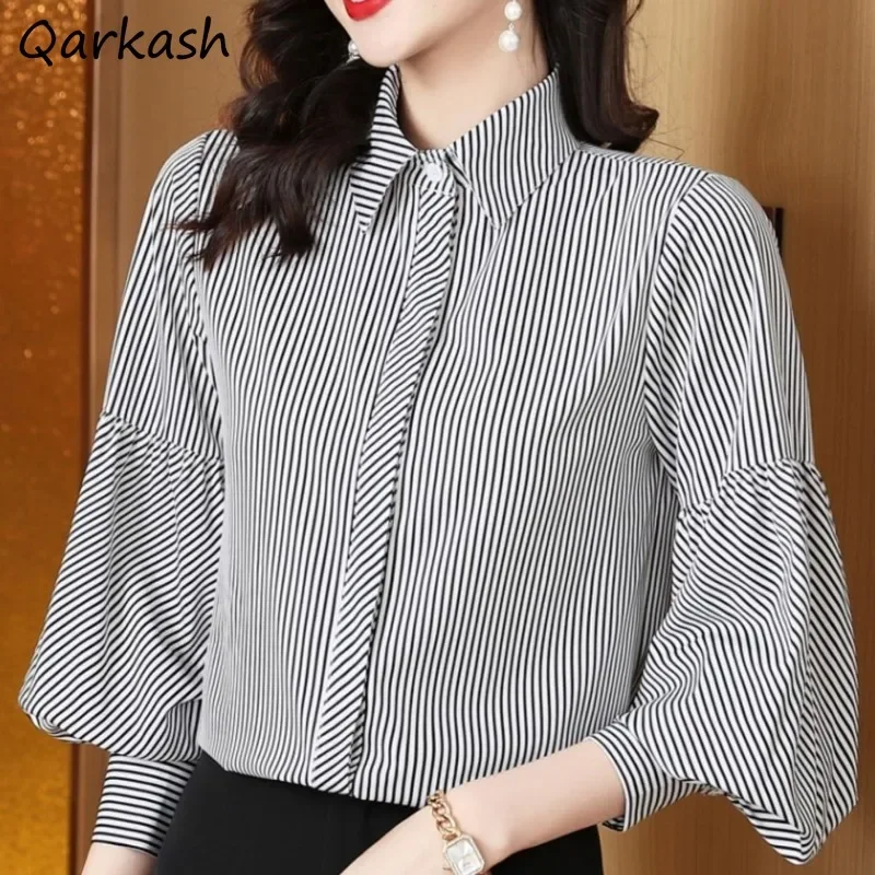 Striped Shirts Women Lantern Sleeve Loose All-match Simple Minority Autumn Winter Tops Basic Chic Office Lady Female Gentle New