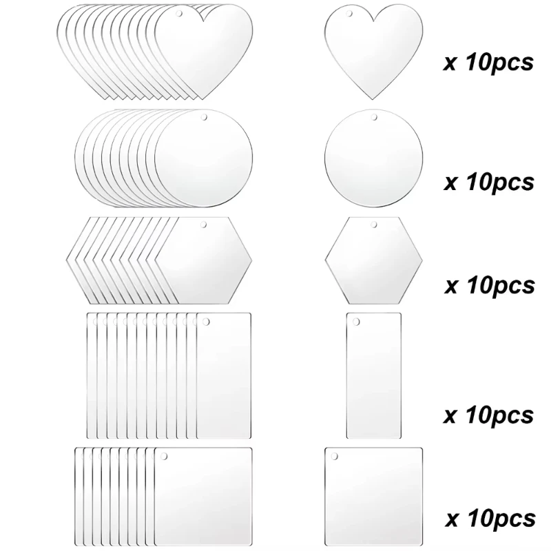50 pçs acrílico transparente forma geométrica em branco gu placas conjunto para diy artesanato artesanal redondo coração quadrado retângulo hexágono
