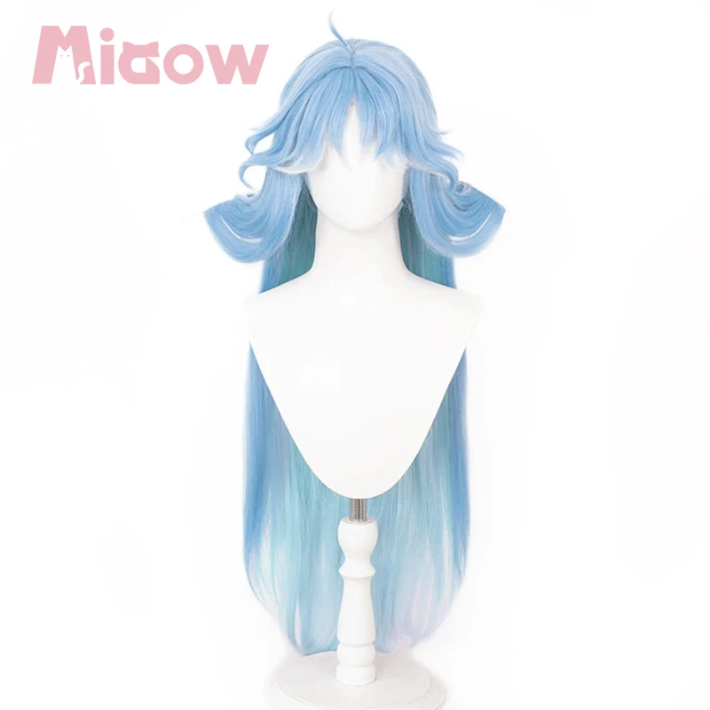 Wuthering Waves Qingxiao Cosplay Wig, Gradient Light Blue Long Straight Wig with Bangs & Side Curly Locks Hair for Halloween