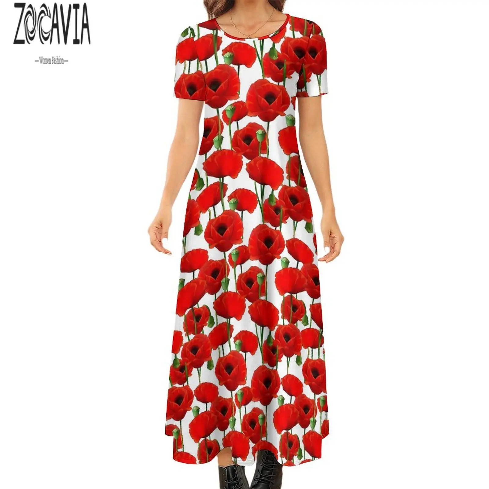 

Round neck large flower short sleeved long skirt, suitable for women's casual fashion A-line skirt