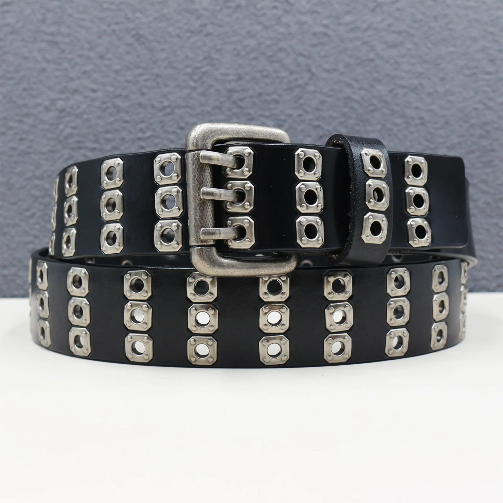 3.8cm European and American Neutral Trend Three Hole Needle Buckle Hollow Rivet Belt Men's Punk Style Versatile Denim Strap Belt