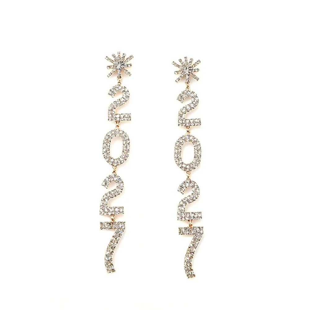 Fashion Elegant 2027 Digital Earrings Long Drop Love Heart Happy New Year Earrings Shiny Rhinestone Stud Earrings New Year Party