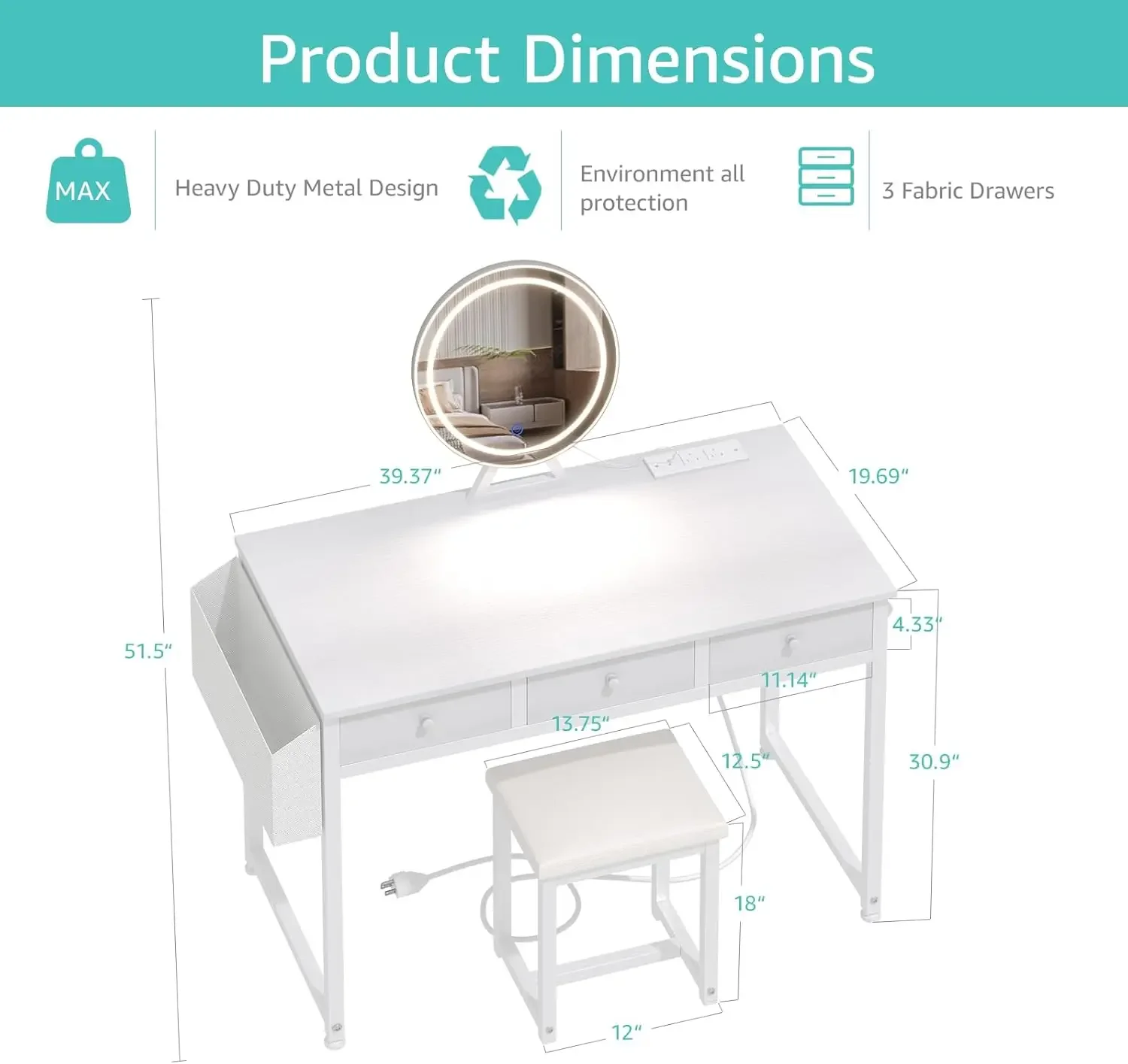 

White Makeup Vanity Desk with Mirror and Lights, 40 inch Make Up Vanity Desks with Fabric Drawers & Power Outlet, Dressing Table
