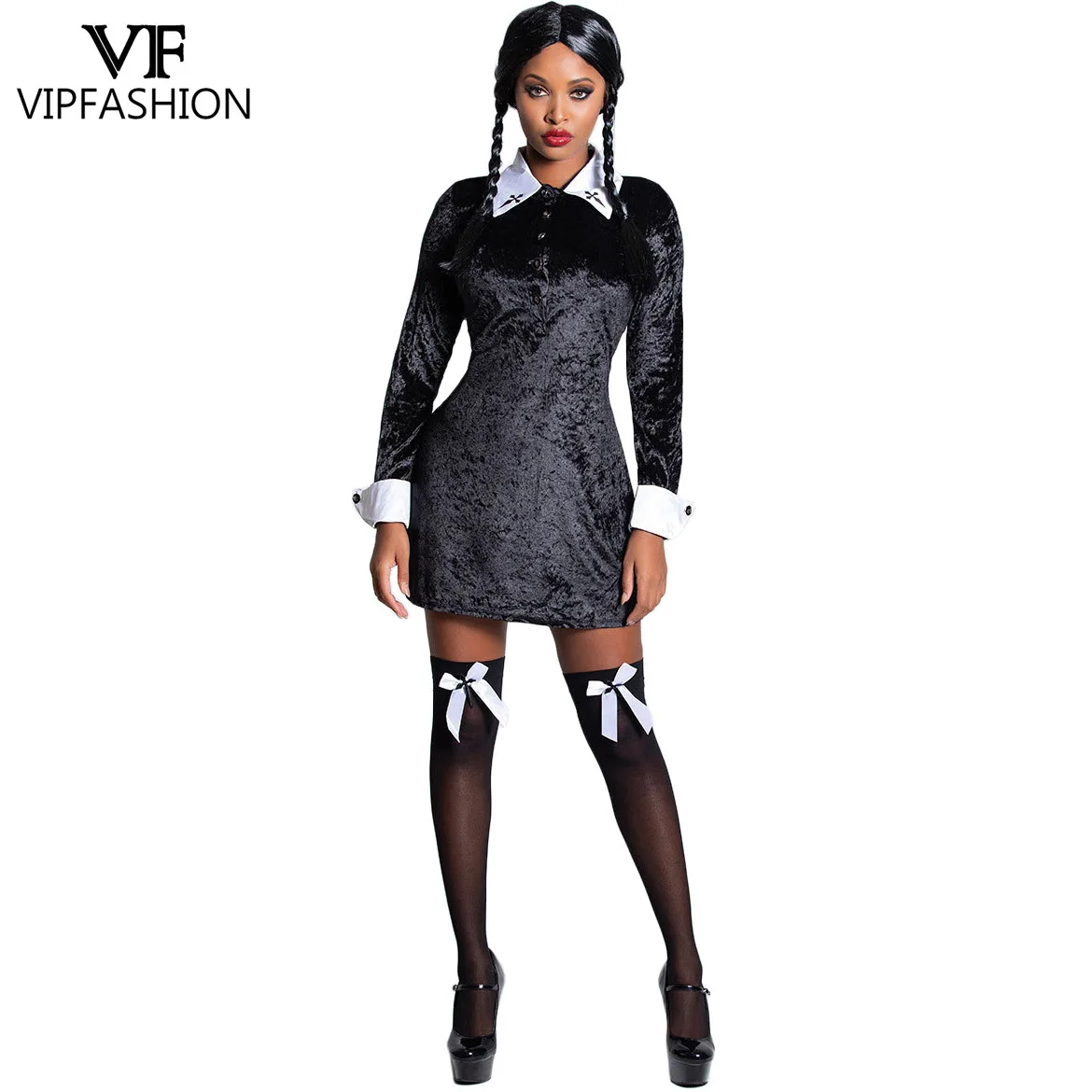 VIP FASHION المخملية الأربعاء. أدامز هالوين زي المرأة السوداء القرون الوسطى القوطية فستان مهرجان تنورة الحفلات الجزء الأوسط تأثيري الباروكات