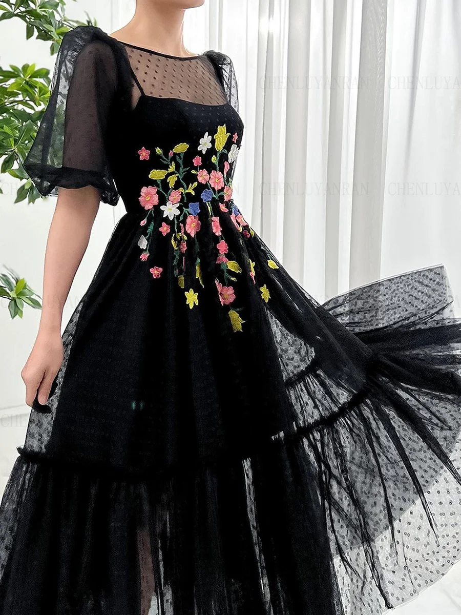

Black Formal Occasion Dresses Point Tulle A-line Party Dress Applique O-Neck Tea-Length Cocktail Gowns فساتين مناسبة رسمية