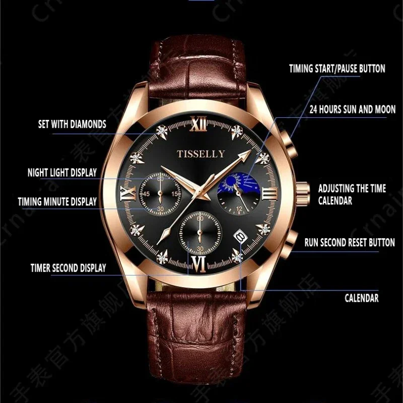 Men\'s Watch 2024 New brand Luxury Moon Phase for Men Waterproof Man Watches Fashion Chronograph Wristwatch Classic Diamond Dial