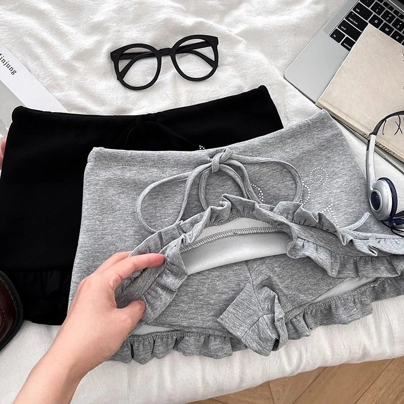 Vintage Kawaii Y2K Mini Skirt Music Note Print Women Ruffle Hem Low Waist Sweat Mini Skirt Japanese Harjuku Streetwear Bottoms