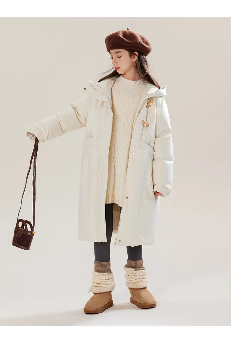 90% weiße Entendaunen, Kinder-Langparka mit Kapuze und Hornschnalle, warmer Winter-Daunenmantel für Mädchen und Jungen A5122 – Detail 6