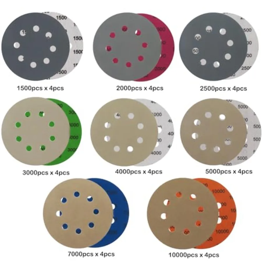 8 Hole Sanding Discs Hook and Loop 100-10000 Grits Wet Dry with 2pcs Interface Pads for Random Orbital Sander Automotive Metal