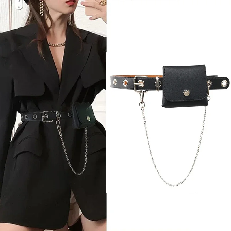 

Punk Leather Women Belt Bag Chain Metal Eyelet Grommet Buckle Waist Strap Designer Ladies Girl Jeans Dress Decoration Waistband