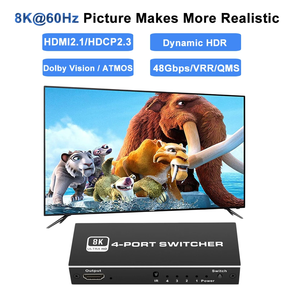 2023 HDMI อุปกรณ์สลับสัญญาณ2.1-4 in 1 OUT 2 in 1 Out 8K 60Hz 4K 120Hz อะแดปเตอร์สวิทช์แยก IR สำหรับ PS5 PS4โปรเจคเตอร์