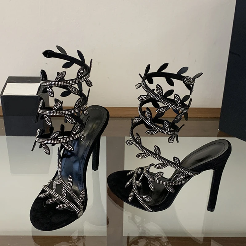 

Liyke Summer Fashion Crystal Leaf Ankle Snake Twine Around Strap Sandals Women Party Prom Shoes Sexy Square Toe Stripper Heels