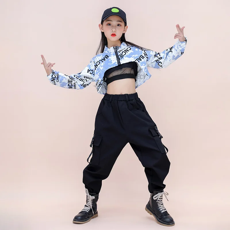 Hip Hop Girls Contrast Crop Top Cargo Pants Child Jazz Streetwear Sweatshirt Kids Street Dance Cheerleader Clothes Set