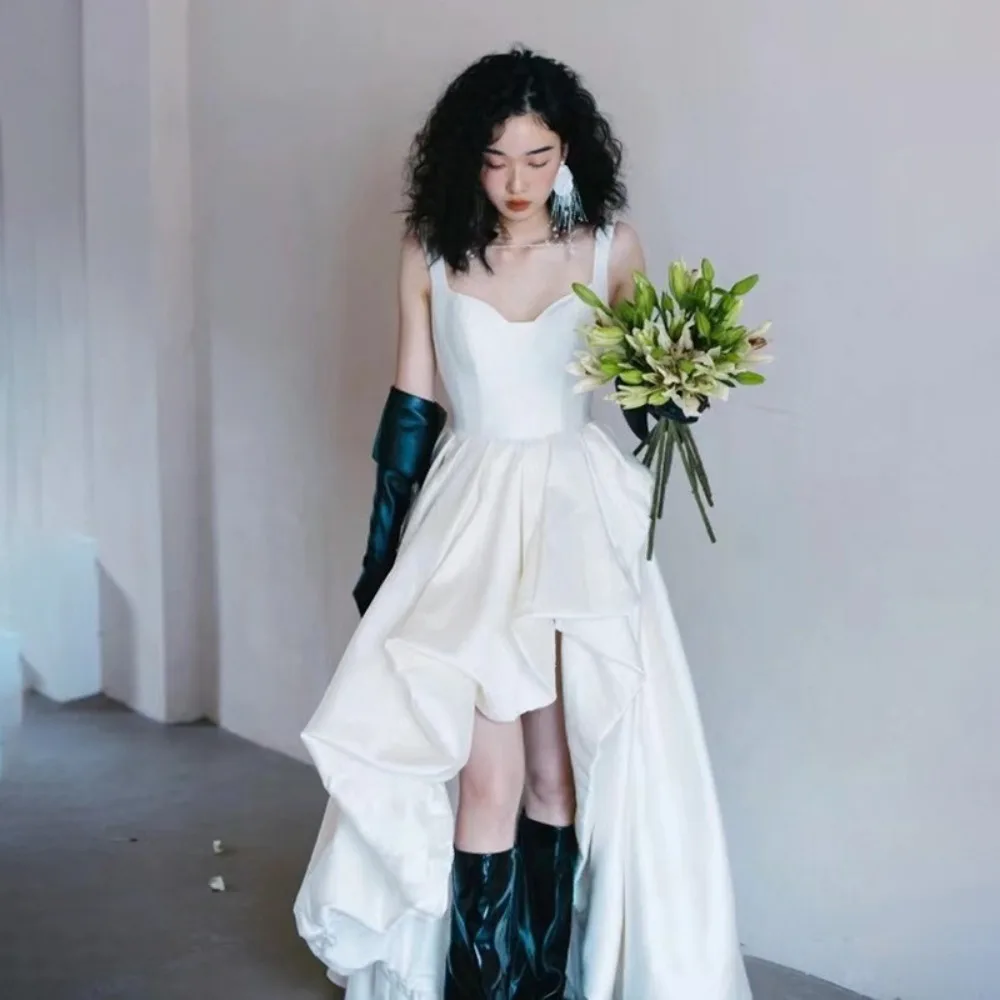 Simple Spaghetti Straps Light Wedding Dress Satin A Line High Low Hem Bridal Dresses for Outdoor Wedding Photoshoot Gown