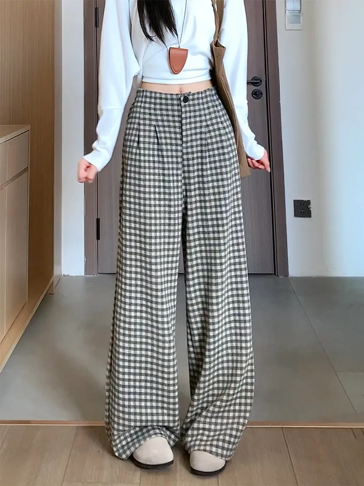 

High Waist Plaid Wide Leg Pants Women's Casual Straight Cut Loose Fitting Spring Autumn Pear Shape plus Size Slimming Trousers
