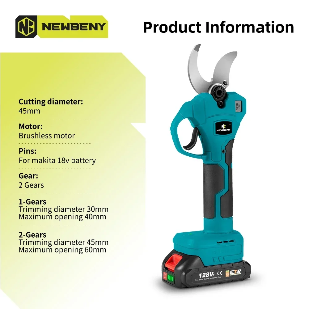 NEWBENY 45mm Brushless Electric Pruner Shear 2 Gears With LED Cordless Garden Branches Beautify Tools For Makita 18V Battery