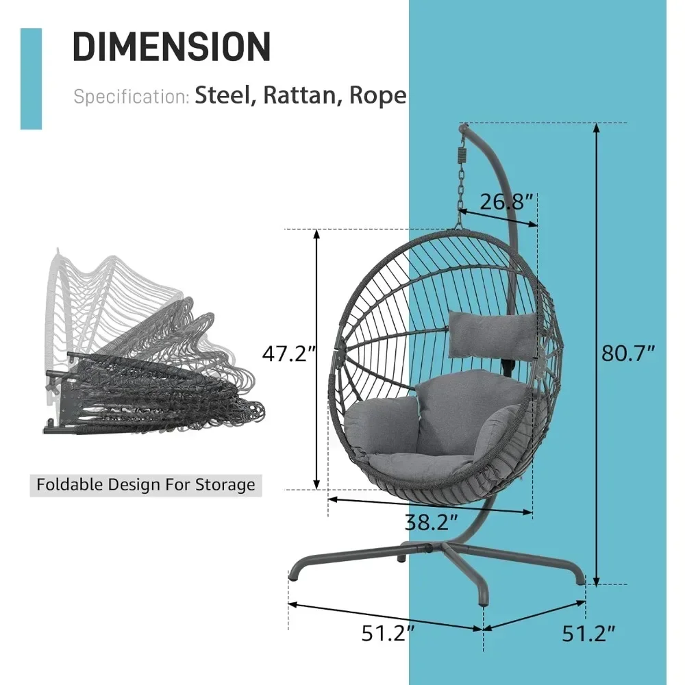 Outdoor Egg Swing Chair with Stand, Oversized Cocoon-Shaped Rope Woven Hanging Chairs W/Cushion, Patio Wicker Hammock Chair