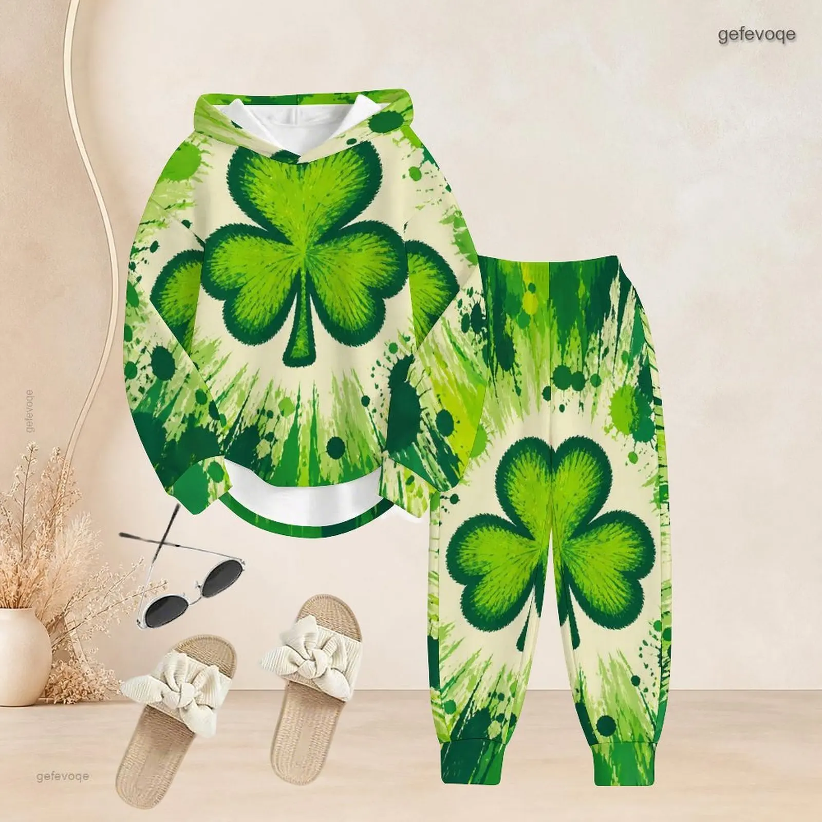 Green Shamrock Clover Paint Splash Print Long Sleeve Hoodie and Cuffed Pants Two Piece Set