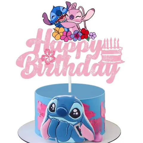 Disney Stitch Angel Cake Topper Glitter Pink Happy Birthday Cake Decor Party Supplies for Kids Birthday Baby Shower Decorations