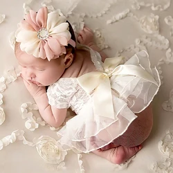 Ylsteed Newborn Lace Romper with Pearl Headband Infant Photo Props Newborn Girl Photo Shooting Outfits Baby Girl Big Bow Romper