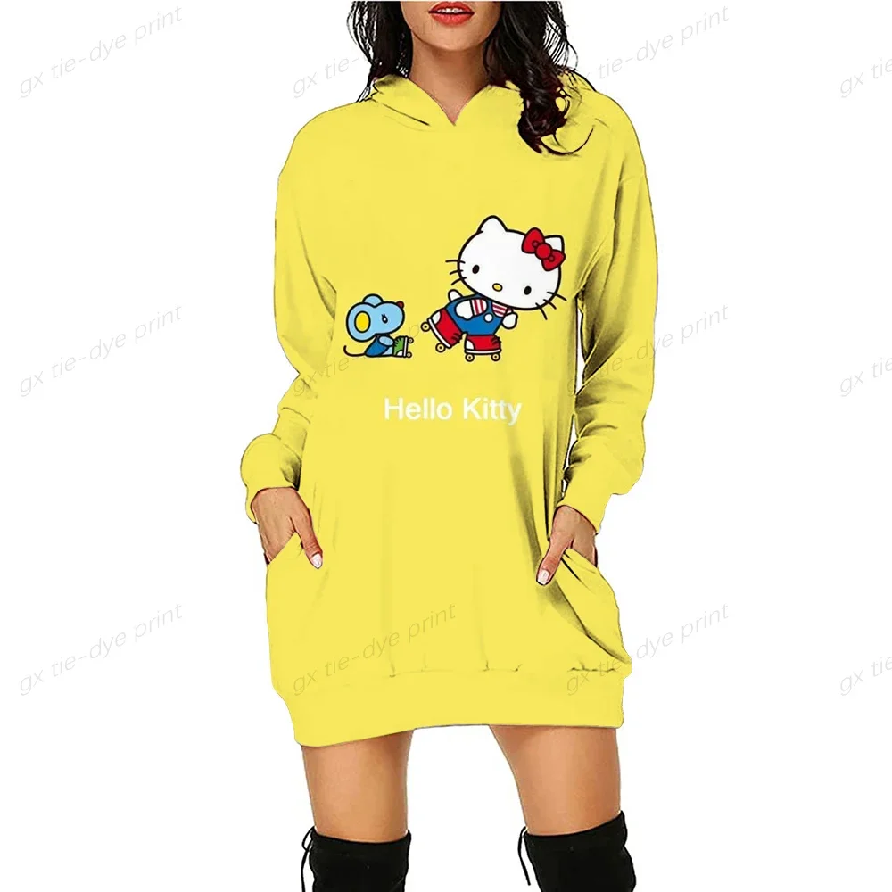 HELLO KITTY Autumn Women Hoodie Dress Fashion Slim Fit Sweatshirt Dresses for Women Pocket Hooded Casual Dress Mini Dress