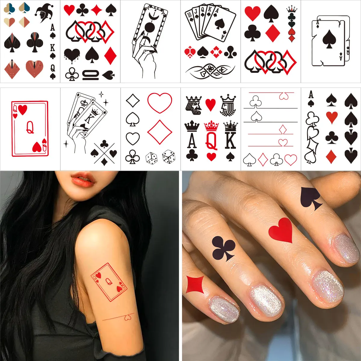 12pcs Waterproof Temporary Tattoo Stickers Playing Cards Peach Tattoo Small Size Fake Tattoo Flash Tattoo for Man Men Body Art