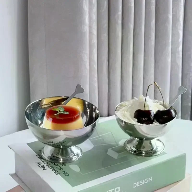 Stainless Steel Pedestal Dessert Bowls: Shiny Polished Food Safe For Ice Cream Pudding Serving