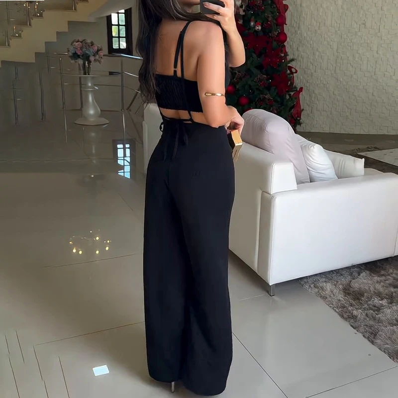 ใหม่เซ็กซี่ Hollow เอวตรง Jumpsuit ฤดูร้อนแขนกุด Playsuit ผู้หญิงฤดูใบไม้ผลิแฟชั่นขากว้าง Romper Overalls