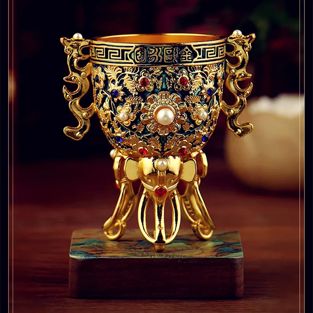 

Chinese Retro Classic Metal Gold/Blue Color Pearls Decorate Collective Wine/Water Drinking Keepsake Cup