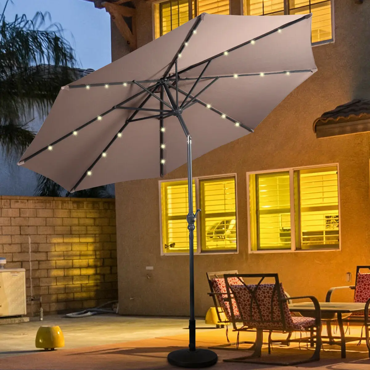 

10FT Patio Solar Umbrella LED Patio Market Steel Tilt W/ Crank Outdoor New