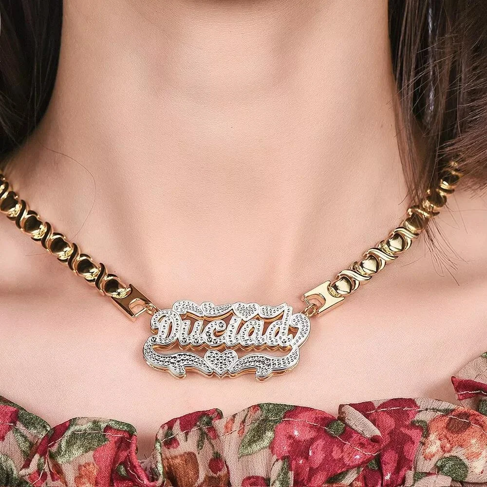 Imagem -05 - Personalizado Nome da Placa de Identificação Colar de Dois Tons Pingente Colar Personalizado 3d 18k Banhado a Ouro Gargantilha Dupla para Mulher